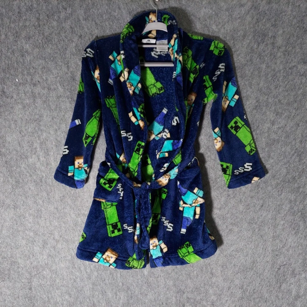 Minecraft Boys Robe S 6/7 Blue Creeper Steve Fleece Plush Belted Pockets